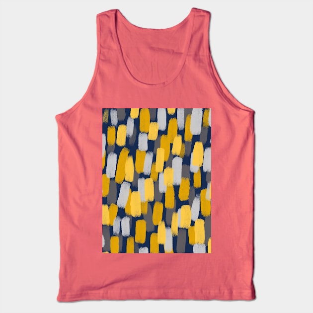 Abstract Grey and Mustard Yellow Paint Brush Effect on Navy Blue Tank Top by OneThreeSix